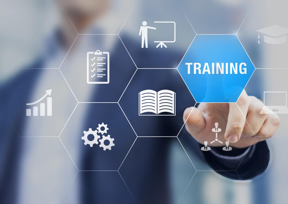 Training and skill development concept with icons of online course, conference, seminar, webinar, e-learning, coaching. Grow knowledge and abilities.