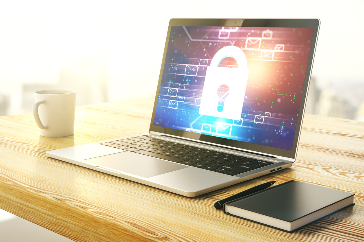 Creative light lock illustration with postal envelopes on modern computer monitor, cyber security and email protection concept. 3D Rendering company laptop