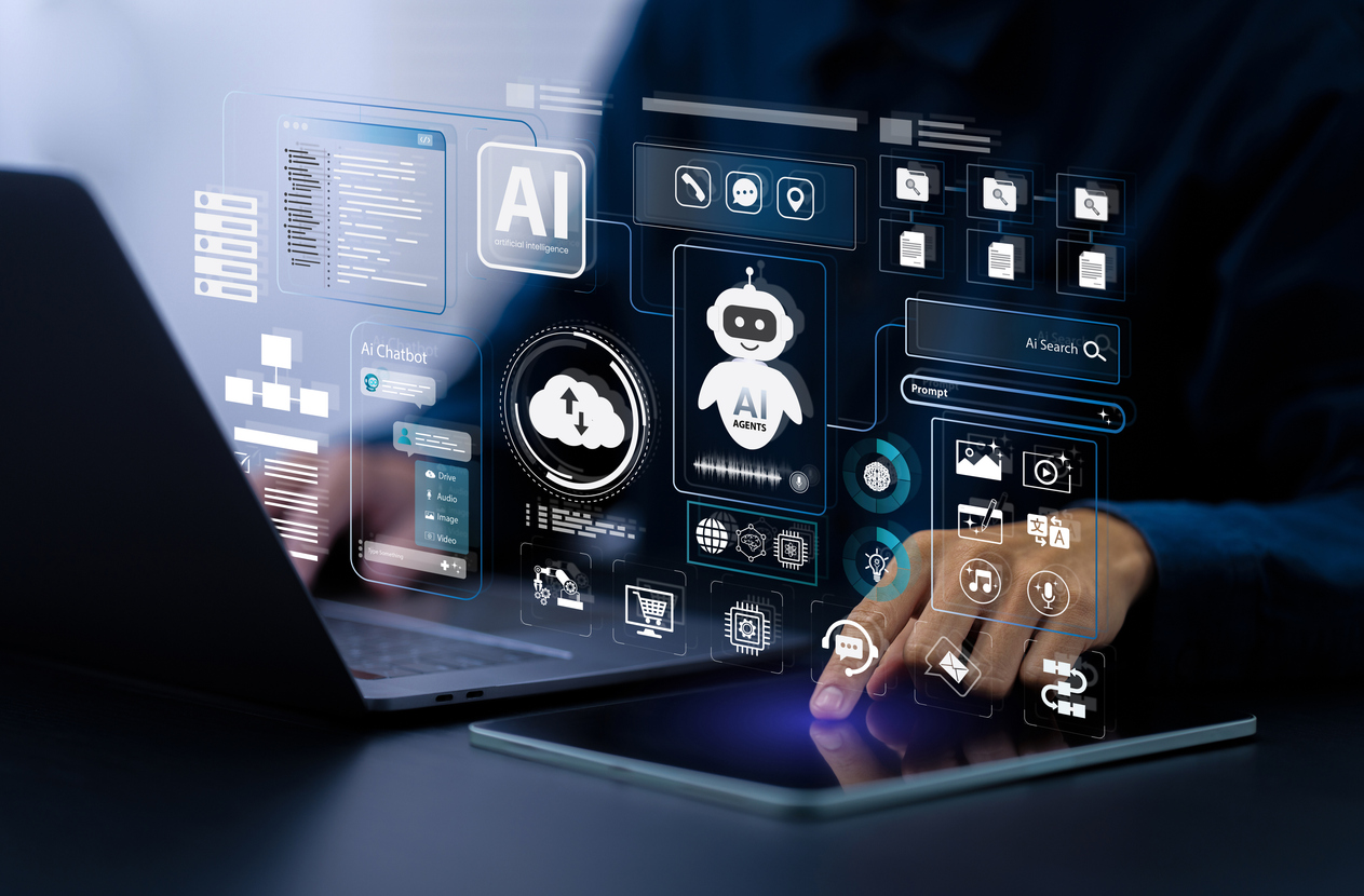 AI agent and generative artificial intelligence concept. Businessman using AI agents on screen, including chatbots, AI assistants, and data analytics tools on a laptop. LLM, Ai agentic workflows. agentic AI