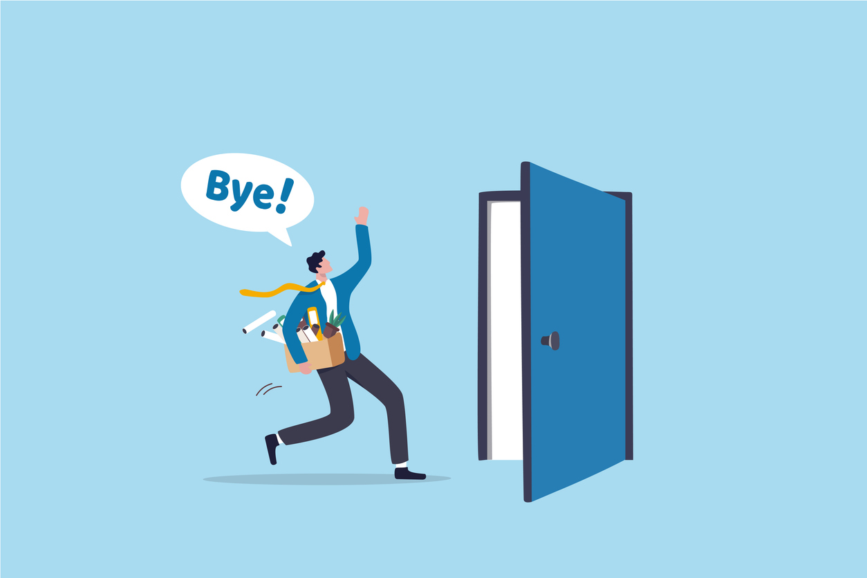 Quit job leaving company for new career, saying good bye to old workplace office, exit, escape or fired, work departure, offboarding separation, businessman saying bye while quitting job exit door. employee offboarding