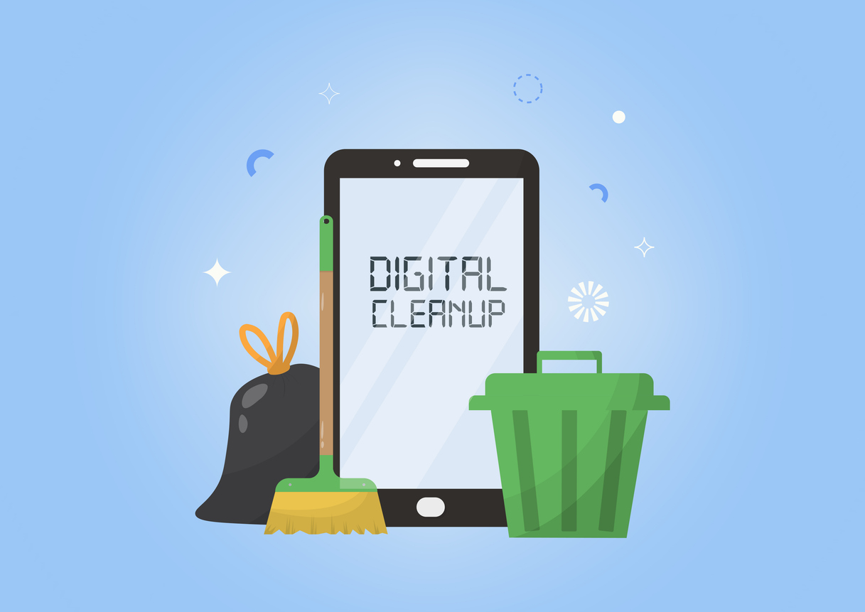 Digital cleanup smartphone with trash bin cloud waste