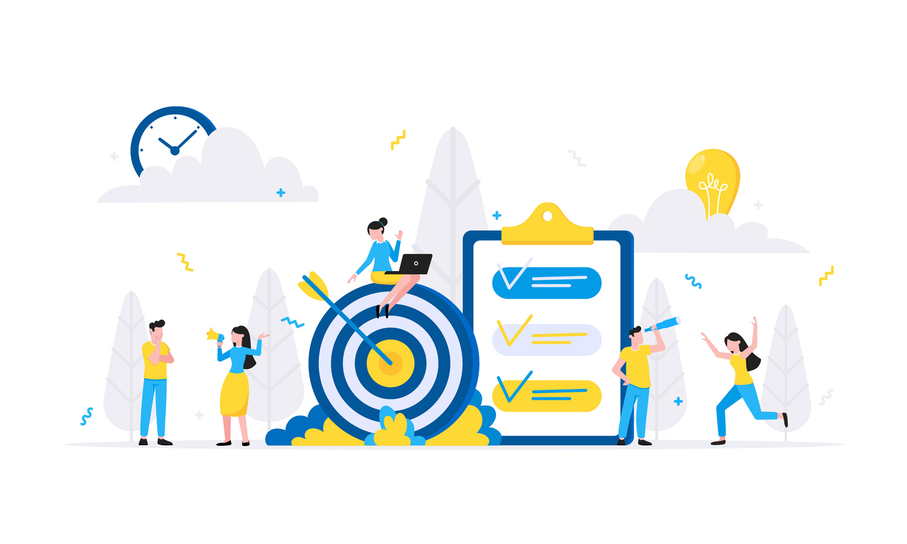 Teamwork concept with tiny people characters working together with big target and tiny people characters. Teamwork and time management concept flat style design vector illustration isolated white. year in review