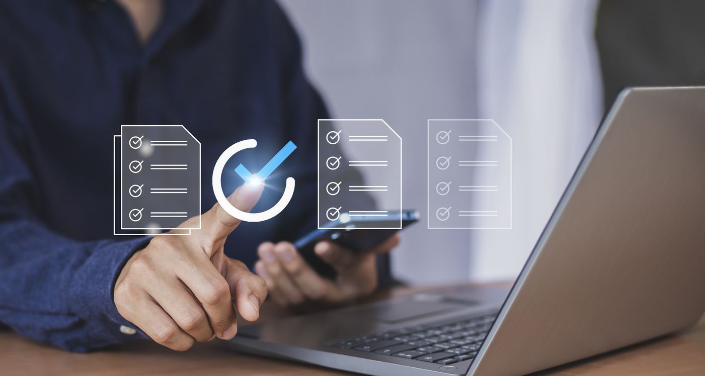 Businessman tick correct sign mark for document approve, project acceptance and quality assurance concept ,evaluation, online survey, online exam, checklist. daily cloud checkup